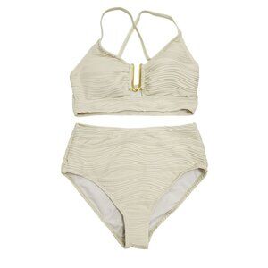Two-Piece Beige Womens Textured Bikini Set High-Waisted Strappy Top Size M